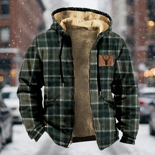 Polyester Plaid Deer‑Patch Fleece Hooded Jacket