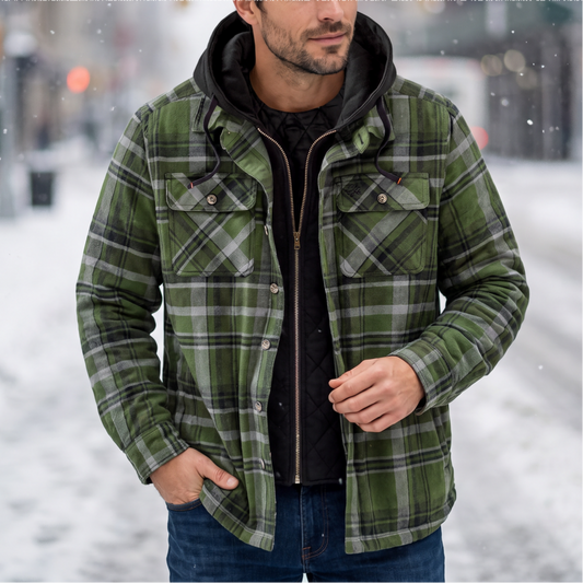 Thick Cotton‑Blend Plaid Hooded Coat