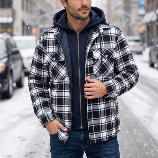 Thick Plaid Cotton‑Blend Hooded Coat