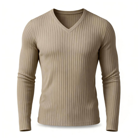 Ribbed Solid Slim Men V-neck T-Shirt