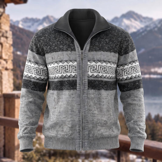 Ethnic Pattern Stand Collar Warm Zip Sweater