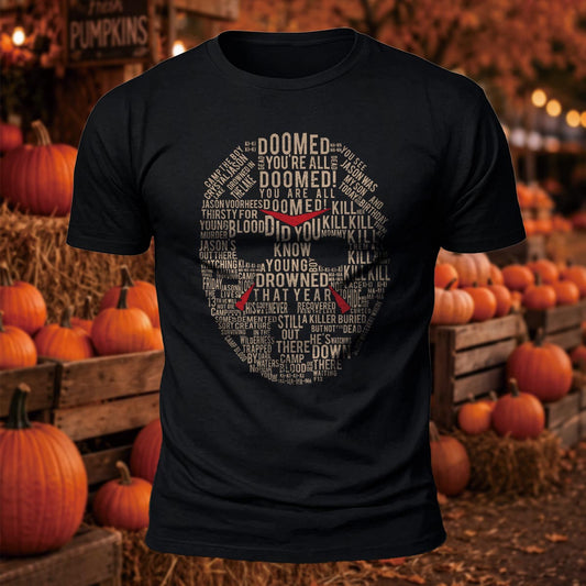 Friday the 13th Word Cloud Mask Graphic Halloween Printed Short Sleeve T-Shirt