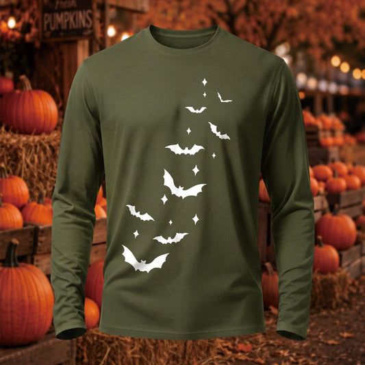 Spooky Bats & Stars Halloween Printed Long-Sleeve Cotton T-Shirt