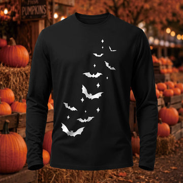 Spooky Bats & Stars Halloween Printed Long-Sleeve Cotton T-Shirt