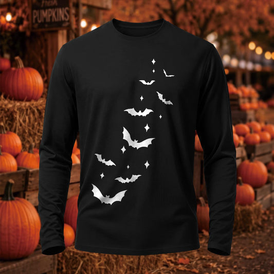 Spooky Bats & Stars Halloween Printed Long-Sleeve Cotton T-Shirt