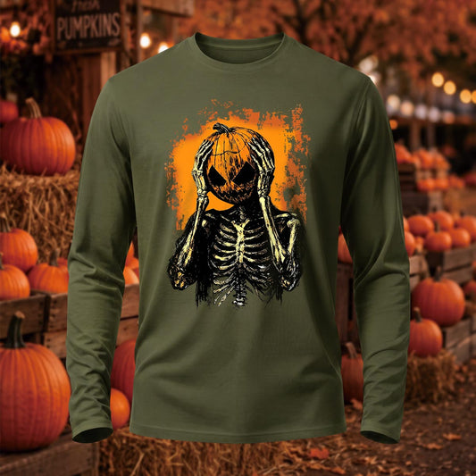 Halloween Scream Pumpkin Skeleton Printed Long-Sleeve Cotton T-Shirt