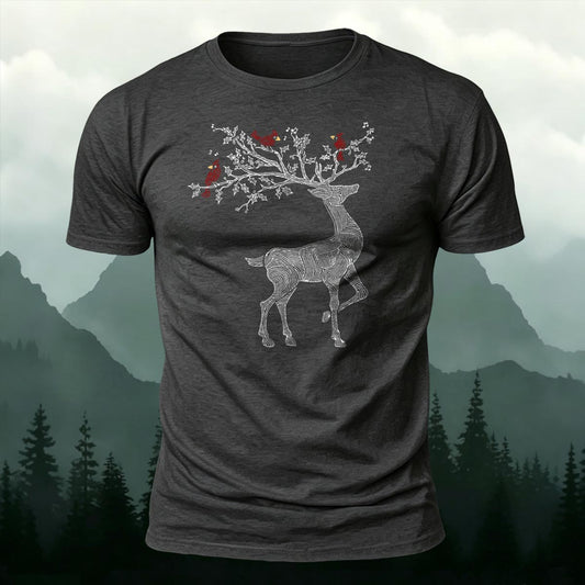 Deer Antlers & Cardinals Printed Short Sleeve T-Shirt