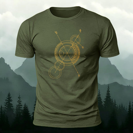 Gold Sacred Geometry Rune Printed Short Sleeve T-Shirt