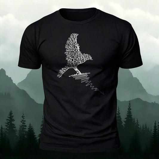 Tree of Life Bird Line Art Printed Short Sleeve T-Shirt