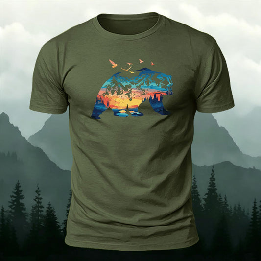Outdoor Camping Wilderness Bear Sunset Printed Short Sleeve T-Shirt