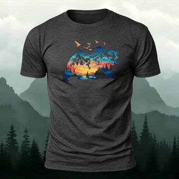 Outdoor Camping Wilderness Bear Sunset Printed Short Sleeve T-Shirt