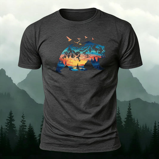 Outdoor Camping Wilderness Bear Sunset Printed Short Sleeve T-Shirt