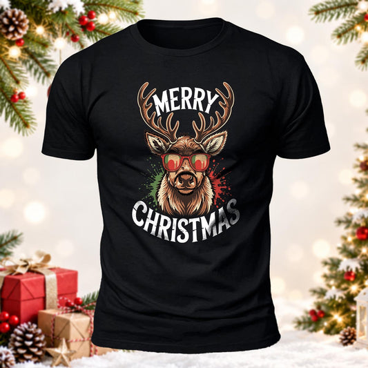 Merry Christmas Reindeer Printed Short Sleeve T-Shirt