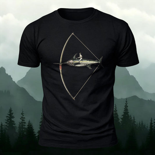 Funny Surrealism Riding Swordfish Arrow Printed Short Sleeve T-Shirt