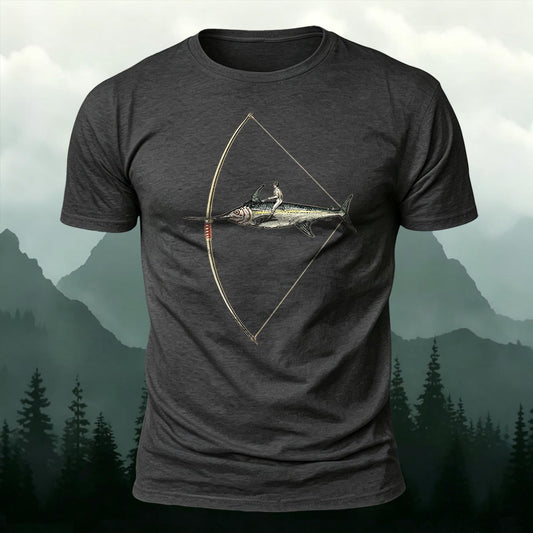 Funny Surrealism Riding Swordfish Arrow Printed Short Sleeve T-Shirt