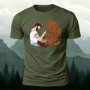 Retro Man vs Bear Arm Wrestling Printed Short Sleeve T-Shirt