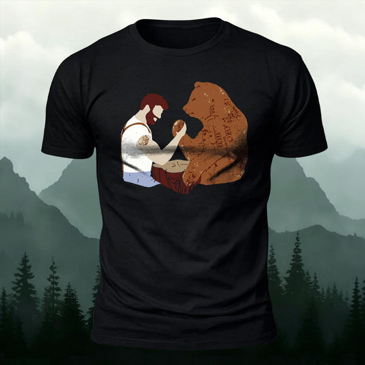 Retro Man vs Bear Arm Wrestling Printed Short Sleeve T-Shirt