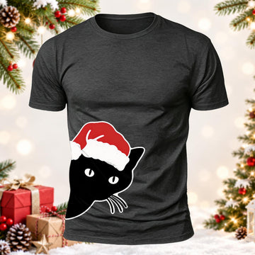 Cute Peeking Black Cat with Santa Hat Side Print Christmas Printed Short Sleeve T-Shirt