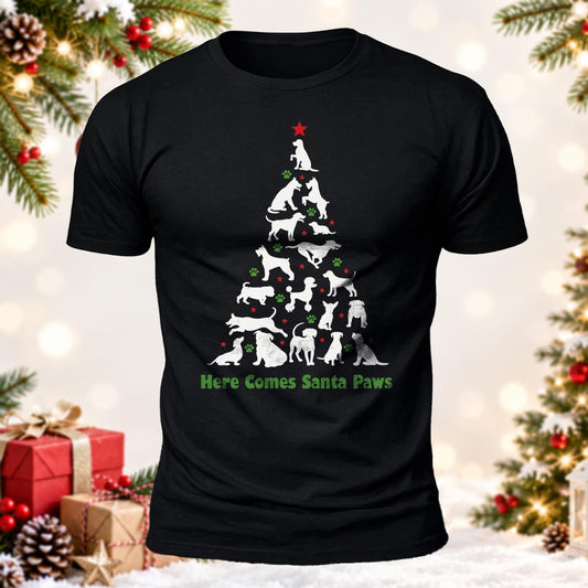 Funny Christmas Dog Here Comes Santa Paws Printed Short Sleeve T-Shirt
