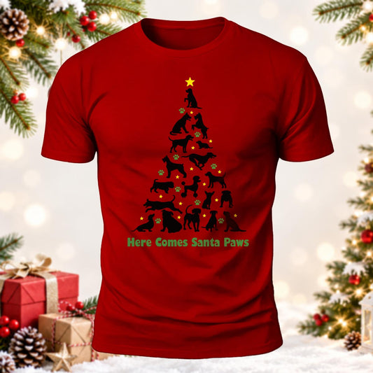 Funny Christmas Dog Here Comes Santa Paws Printed Short Sleeve T-Shirt