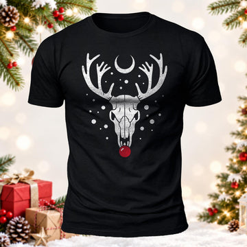 Red Nosed Reindeer Skull Printed Short Sleeve T-Shirt