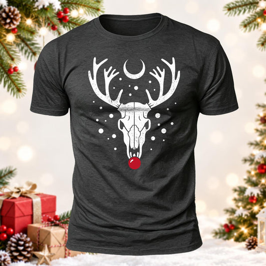 Red Nosed Reindeer Skull Printed Short Sleeve T-Shirt
