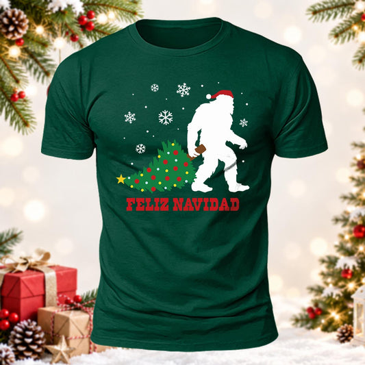 Sasquatch Dragging Xmas Tree Printed Short Sleeve T-Shirt