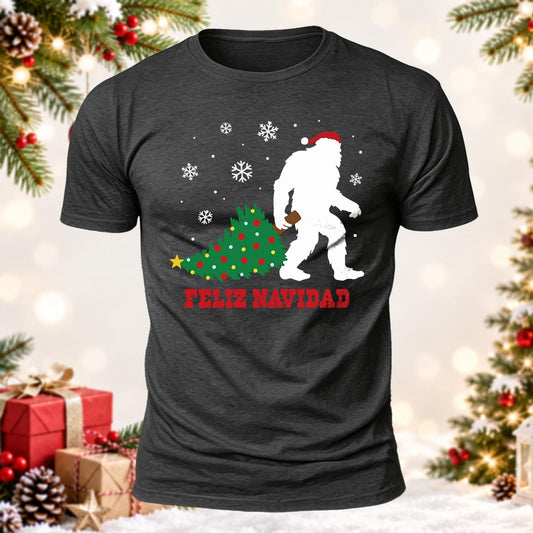 Sasquatch Dragging Xmas Tree Printed Short Sleeve T-Shirt