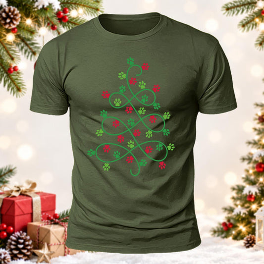 Cute Dog Paw Christmas Tree Printed Short Sleeve T-Shirt