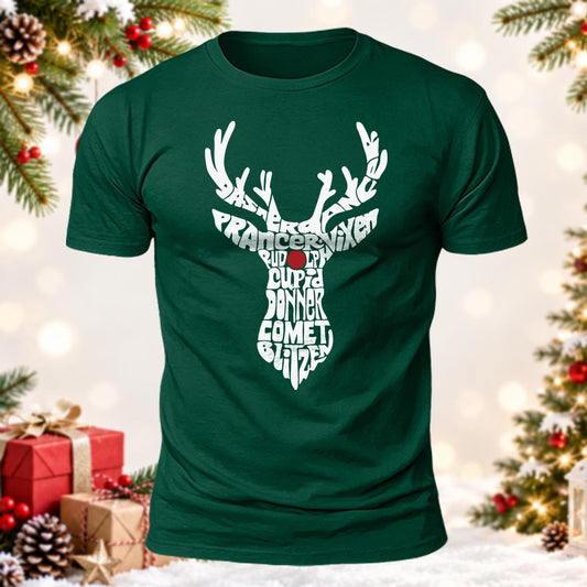 Santa's Reindeer Names Deer Head Printed Short Sleeve T-Shirt