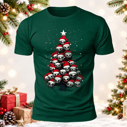 Santa Hat Skulls Tree Printed Short Sleeve T-Shirt