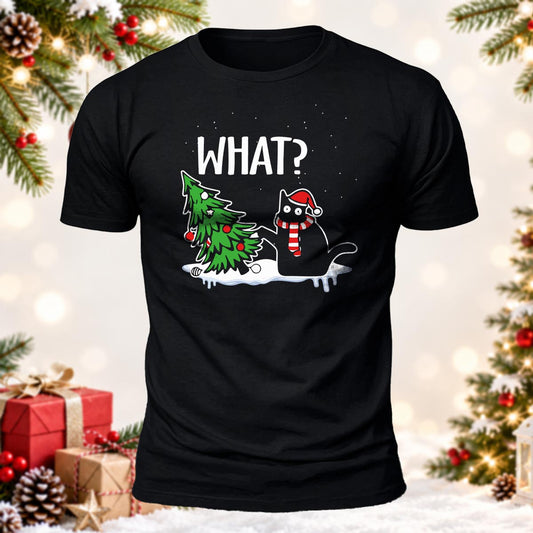 Funny Christmas Black Cat WHAT? Printed Short Sleeve T-Shirt