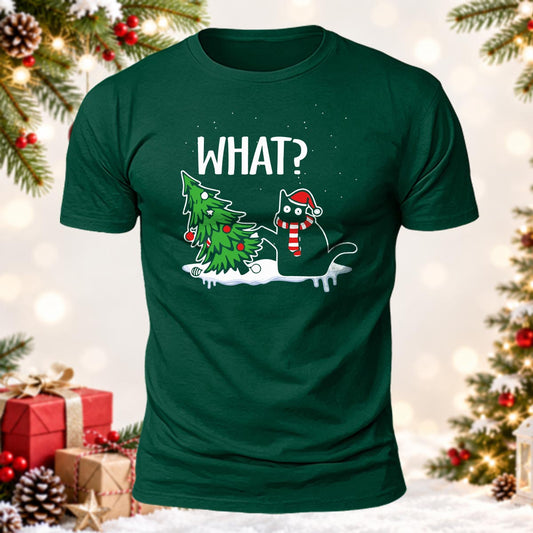 Funny Christmas Black Cat WHAT? Printed Short Sleeve T-Shirt