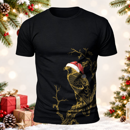 Funny Christmas Eagle Resting on Tree Branch Printed Short Sleeve T-Shirt