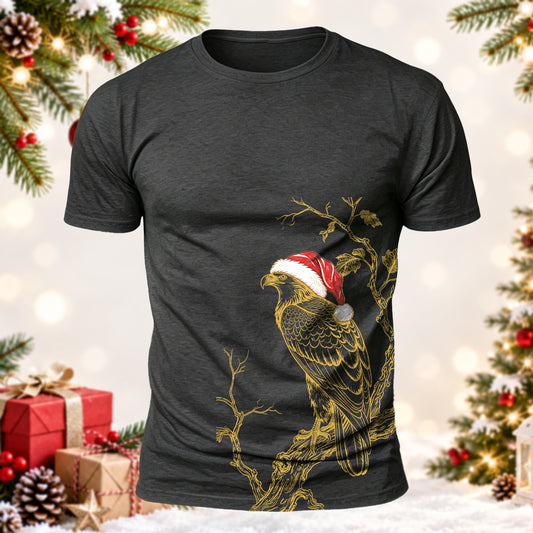Funny Christmas Eagle Resting on Tree Branch Printed Short Sleeve T-Shirt