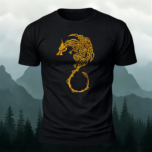 Golden Celtic Dragon Printed Short Sleeve T-Shirt