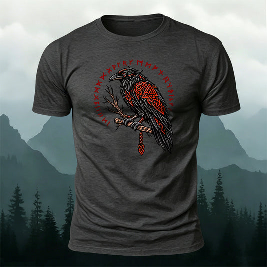 Viking Raven Red Runes Printed Short Sleeve T-Shirt