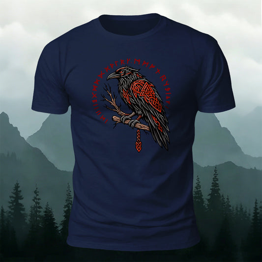 Viking Raven Red Runes Printed Short Sleeve T-Shirt