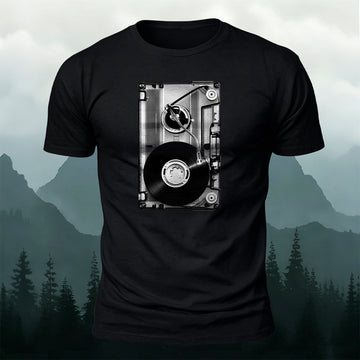 Cassette Tape Inside Vinyl Player Art Printed Short Sleeve T-Shirt