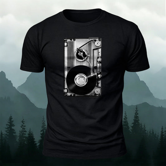 Cassette Tape Inside Vinyl Player Art Printed Short Sleeve T-Shirt