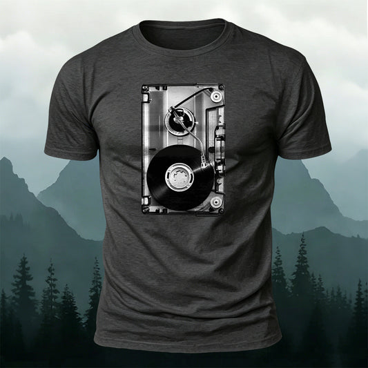 Cassette Tape Inside Vinyl Player Art Printed Short Sleeve T-Shirt