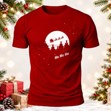 Santa Sleigh Flying Full Moon Ho Ho Ho Printed Short Sleeve T-Shirt