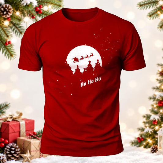 Santa Sleigh Flying Full Moon Ho Ho Ho Printed Short Sleeve T-Shirt