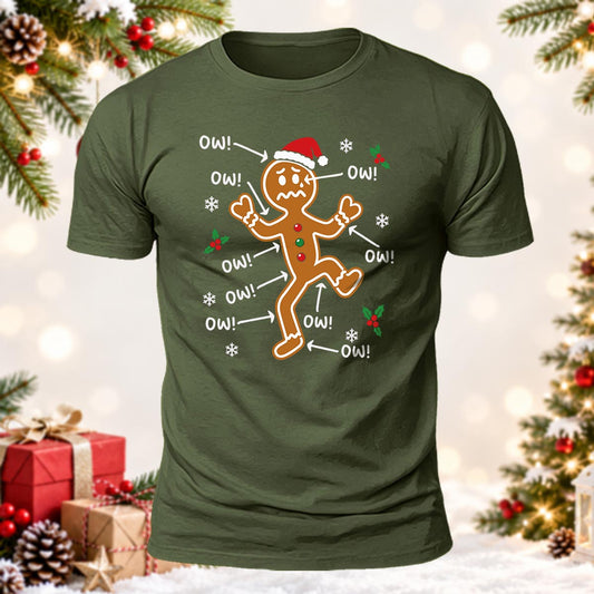 Funny Gingerbread Man Christmas Ow! Ow! Ow! Santa Hat Printed Short Sleeve T-Shirt