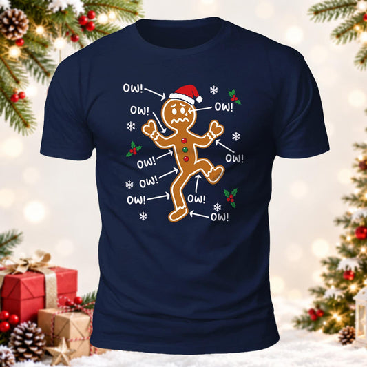 Funny Gingerbread Man Christmas Ow! Ow! Ow! Santa Hat Printed Short Sleeve T-Shirt