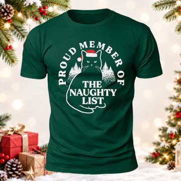 Proud Member of The Naughty List Hilarious Santa Hat Cat  Printed Short Sleeve T-Shirt