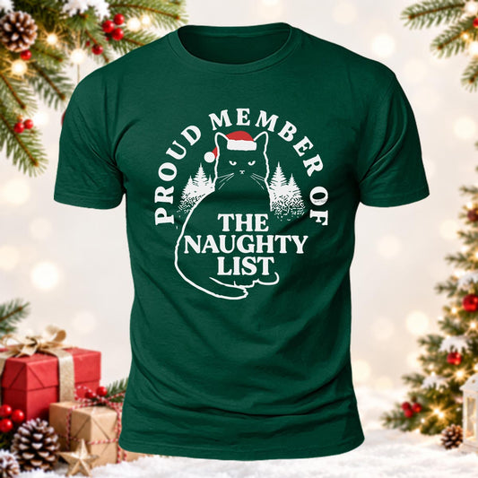 Proud Member of The Naughty List Hilarious Santa Hat Cat  Printed Short Sleeve T-Shirt