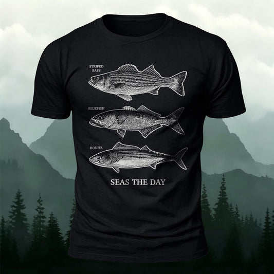 Fishing Lover Gift Seas the Day Saltwater Fish Sketch Printed Short Sleeve T-Shirt