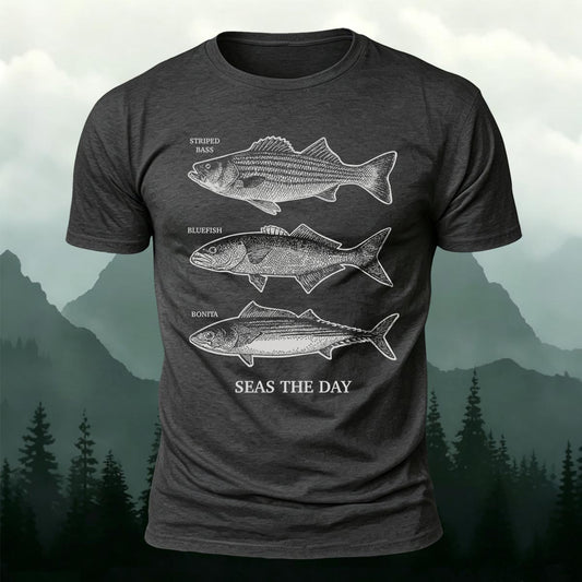 Fishing Lover Gift Seas the Day Saltwater Fish Sketch Printed Short Sleeve T-Shirt