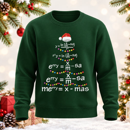 Math Teacher Christmas Gift Merry = X-mas Equation Printed Round Neck Sweatshirt